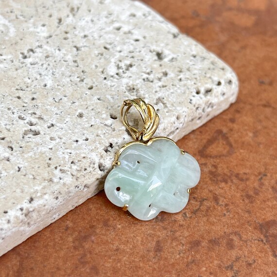 Estate Vintage 14KT Yellow Gold Genuine Pale Green Celadon Weave Carved Bezel Omega Pendant Pearl Enhancer Slide View 5