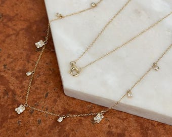 Estate Vintage 14KT gult guld baguette och runt diamantstationskedja med hängande länk, justerbar längd 40 cm