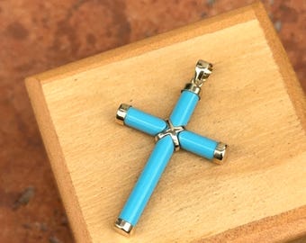 14KT Gelbgold Türkis Echter Edelstein Kreuz Anhänger Charm 30 mm