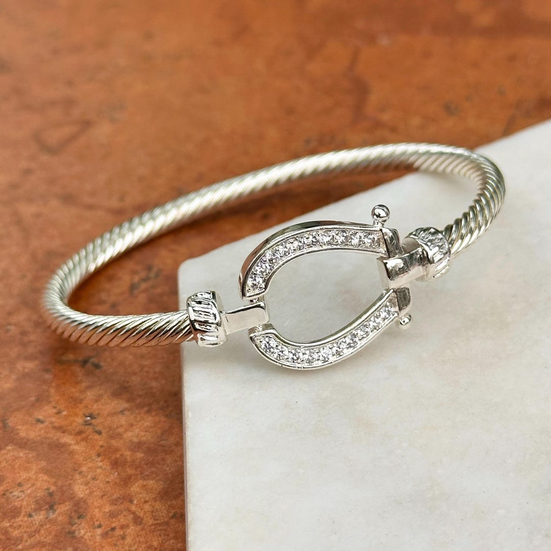 Silver Round Cubic Zirconia Horseshoe Twisted Bangle Hook Clasp