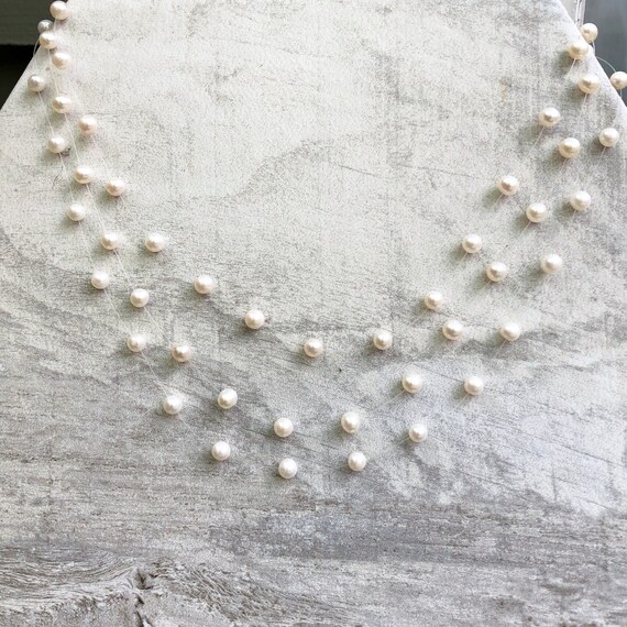 14KT Yellow Gold 3 strand Fish Wire Station Freshwater White Pearl
