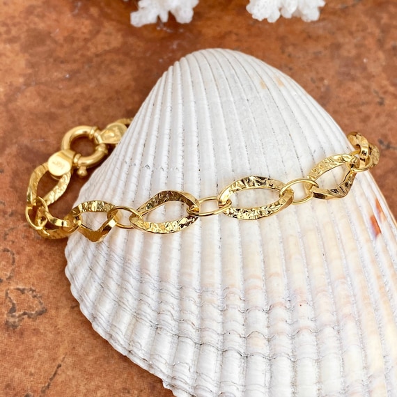 14KT Yellow Gold Hammered Polished Design Oval Chain Link Toggle