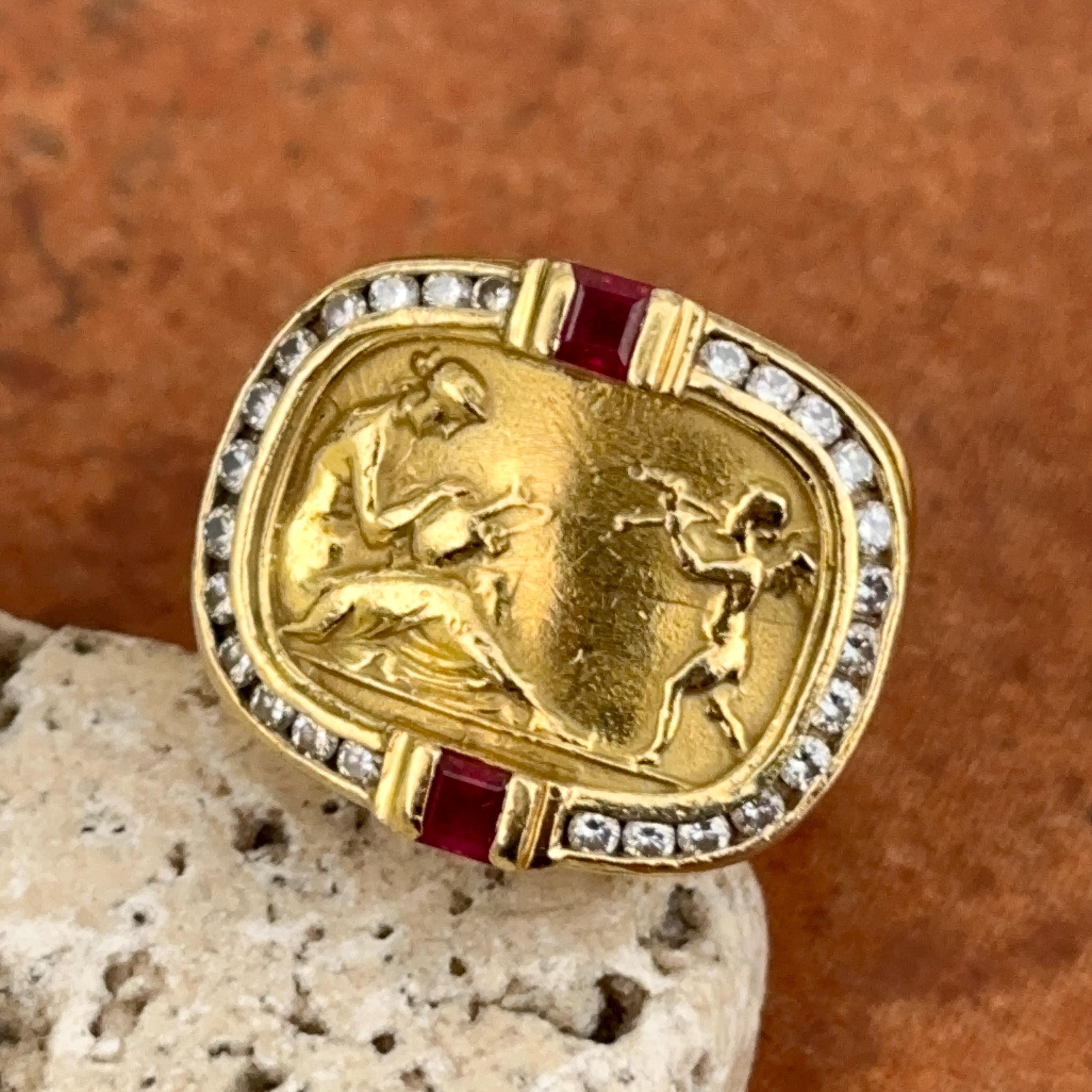 Vintage Seidengang 18KT Yellow Gold Channel Set Intaglio Roman Greek Byzantine Etruscan Cupid Woman Ruby Ring  Size 5.75