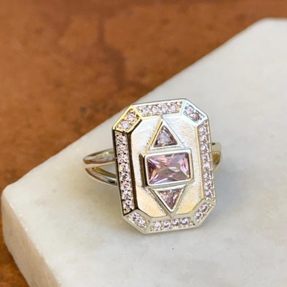 Silver-Plated Rectangle, Triangle and Round Pink … - image 1