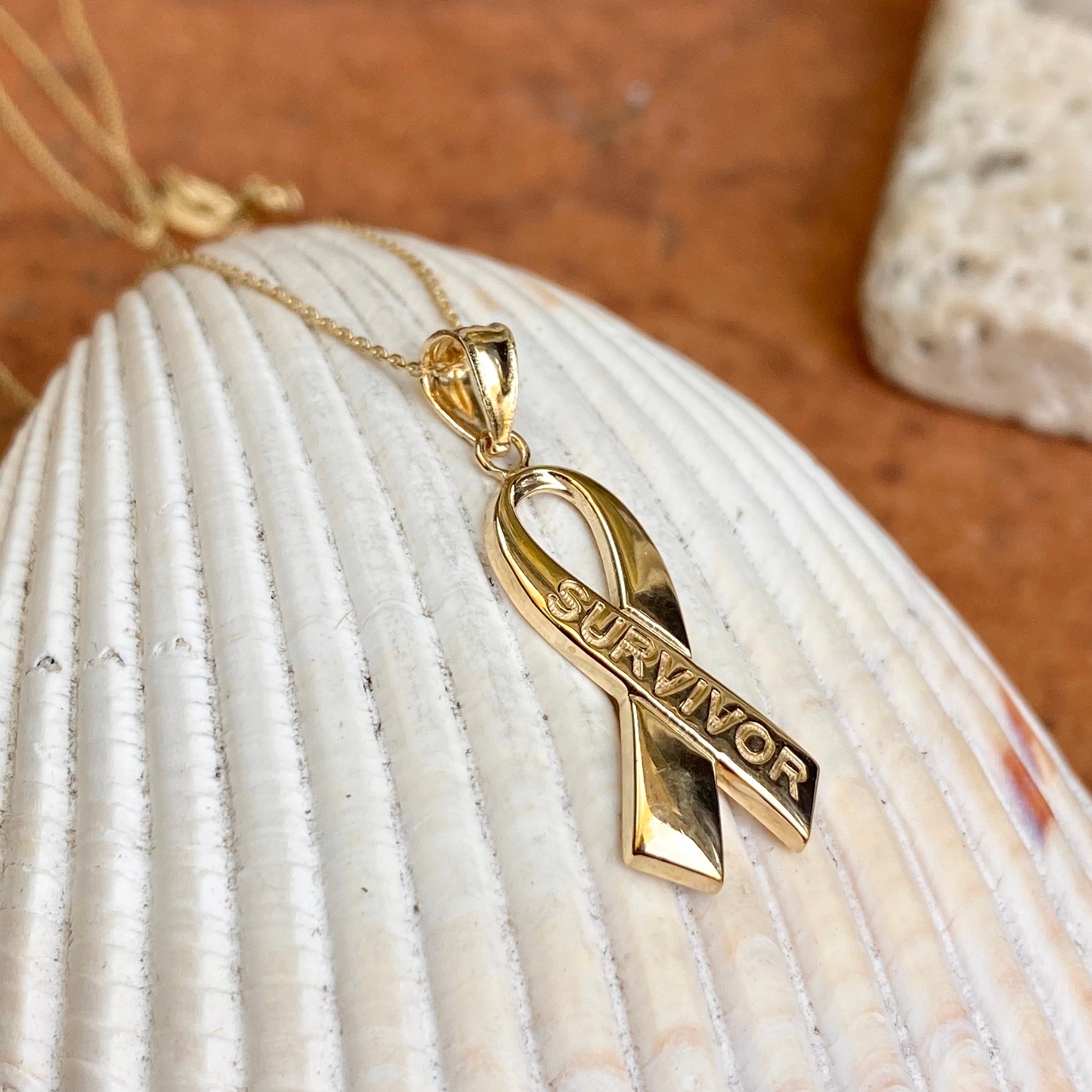 10KT Yellow Gold Cancer Awareness Survivor Ribbon Pendant Chain