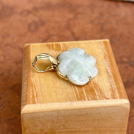 Estate Vintage 14KT Yellow Gold Genuine Pale Green Celadon Weave Carved Bezel Omega Pendant Pearl Enhancer Slide View 3