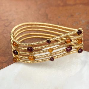 Estate Vintage 18KT Yellow Gold Cabochon Round + Oval Citrine + Garnet Cable Twist Cuff Bangle Wave Bracelet