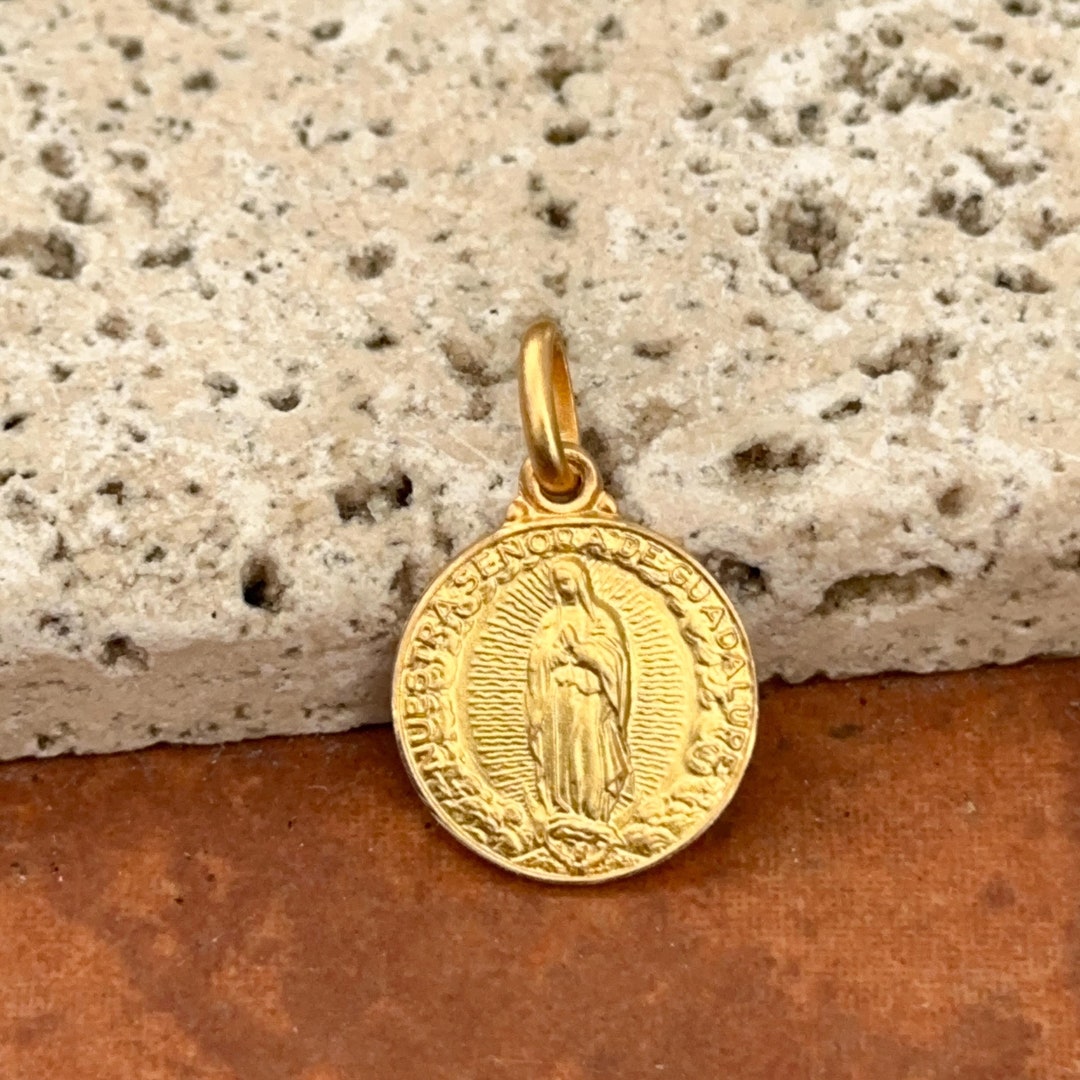 14KT Yellow Gold Solid Our Lady of Guadalupe Round Medal Pendant Charm ...