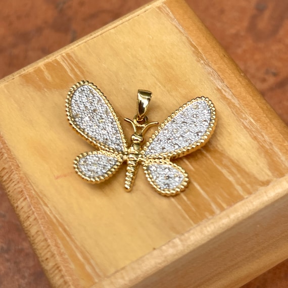Estate Vintage 14KT Yellow White Two Tone Gold & Pave Diamond Butterfly Pendant Charm