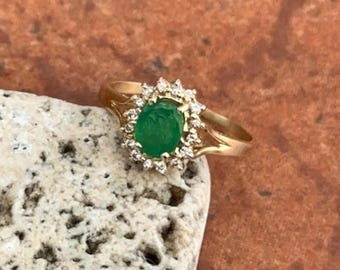 Estate Vintage 14KT Yellow Gold Faceted Oval Shaped .75-.85 CT Emerald + Diamond Double Halo Ring 6.75