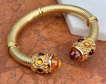 Estate 14KT Yellow Textured Gold Artform Checkerboard Faceted Garnet and Citrine Briolette End Caps Gemstone Bangle Cuff Bracelet