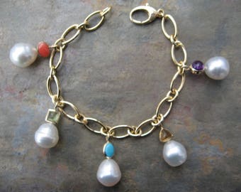 14KT Yellow Gold Custom Genuine Gemstones & Genuine Cultured Paspaley South Sea Pearls White Gold Charm Bracelet