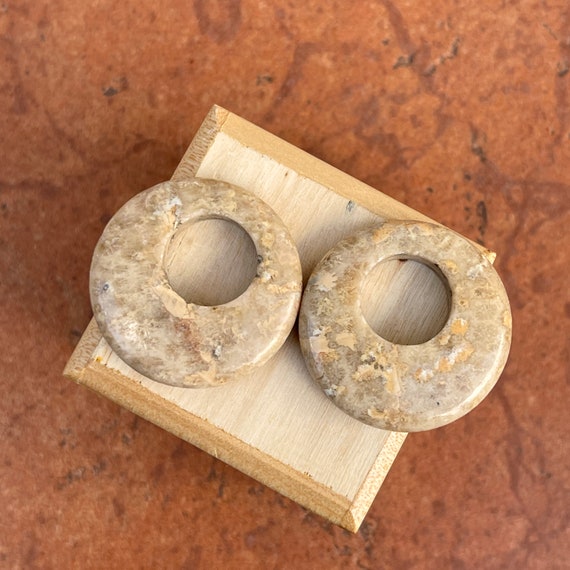 Estate Genuine Tan Marbled Jasper Round Polished Earring Charms Interchange PAIR Door Knockers 30mm
