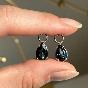 Custom 14KT Yellow Gold Genuine London Blue Topaz Faceted Pear-Shaped Teardrop-Cut Earring Charms add to hoops Interchangeable