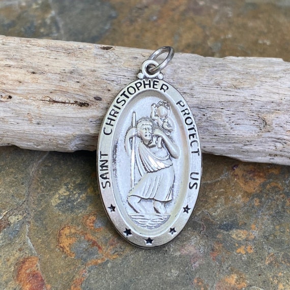 Blue Oval Saint Christopher Protect Us Words Pendant In 925