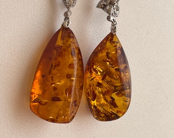 Estate Vintage 14KT White Gold  Diamond and Genuine Amber Nugget Lever Back Large Earrings