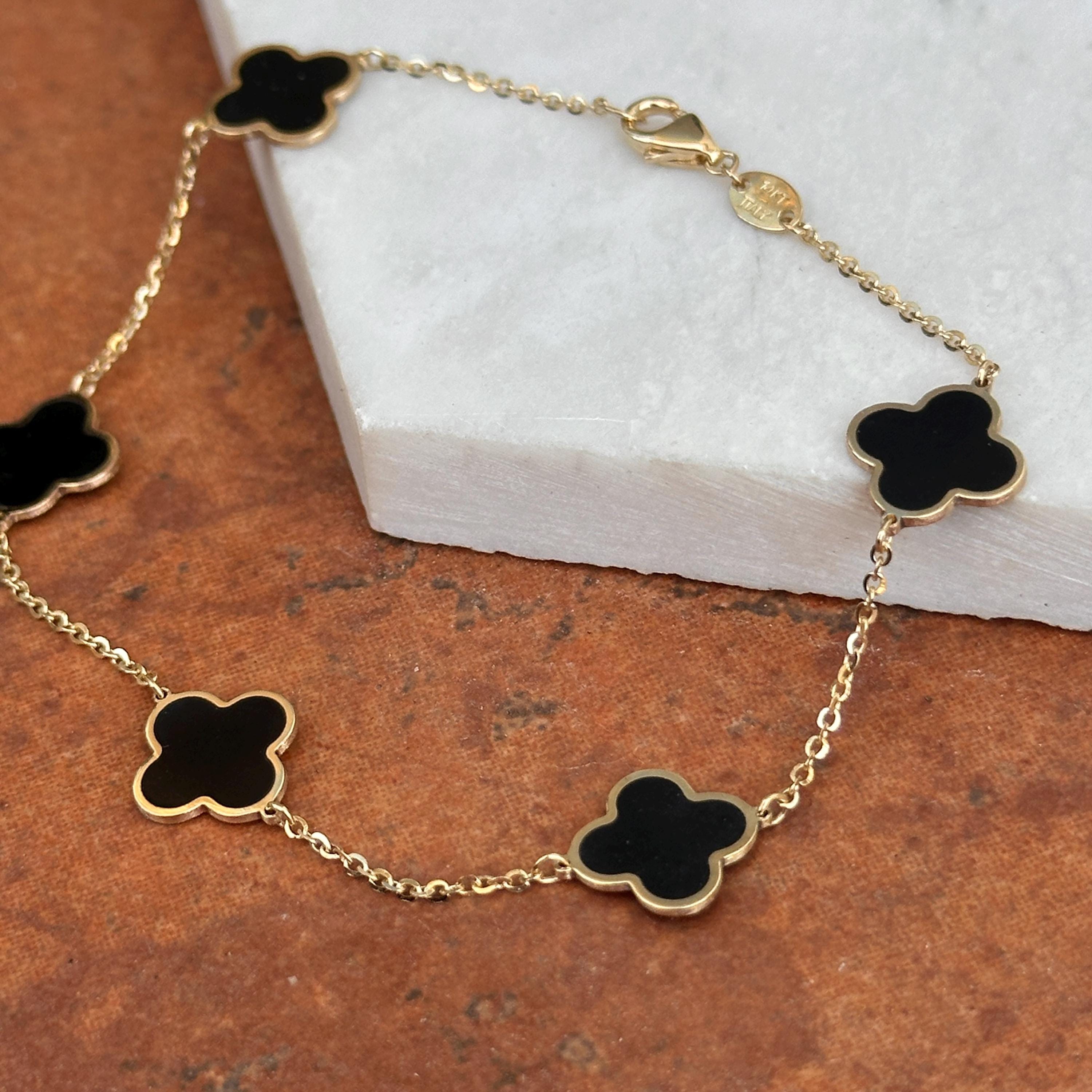 14KT Yellow Gold 10mm Black Onyx Clover Station Chain