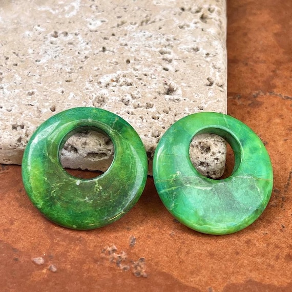 Estate Vintage Polished Vibrant Green Genuine Howlite Round Donut Earring Charms 30mm PAIR Door Knockers