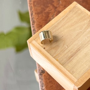 K&ouml;nnte beinhalten: Ein goldfarbener Ohrring aus Metall. Der Ohrring ist ein schlichtes, gebogenes Design mit einer glatten Oberfl&auml;che.