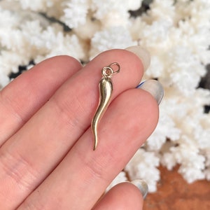 14KT Yellow Gold Italian Horn 3D &quot;Cornicello&quot; Corno Pendant Charm Protect Evil NEW 26mm Unisex Good Luck