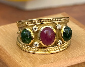 Estate Vintage 18KT Yellow Gold Matte Etruscan Byzantine Genuine Cabochon Oval Emerald Ruby and Diamond Cigar Band Ring Size 8