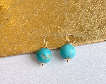 14KT Yellow Gold & Turquoise Gemstone Round Ball Gemstones Add to Hoop Earring Charms PAIR