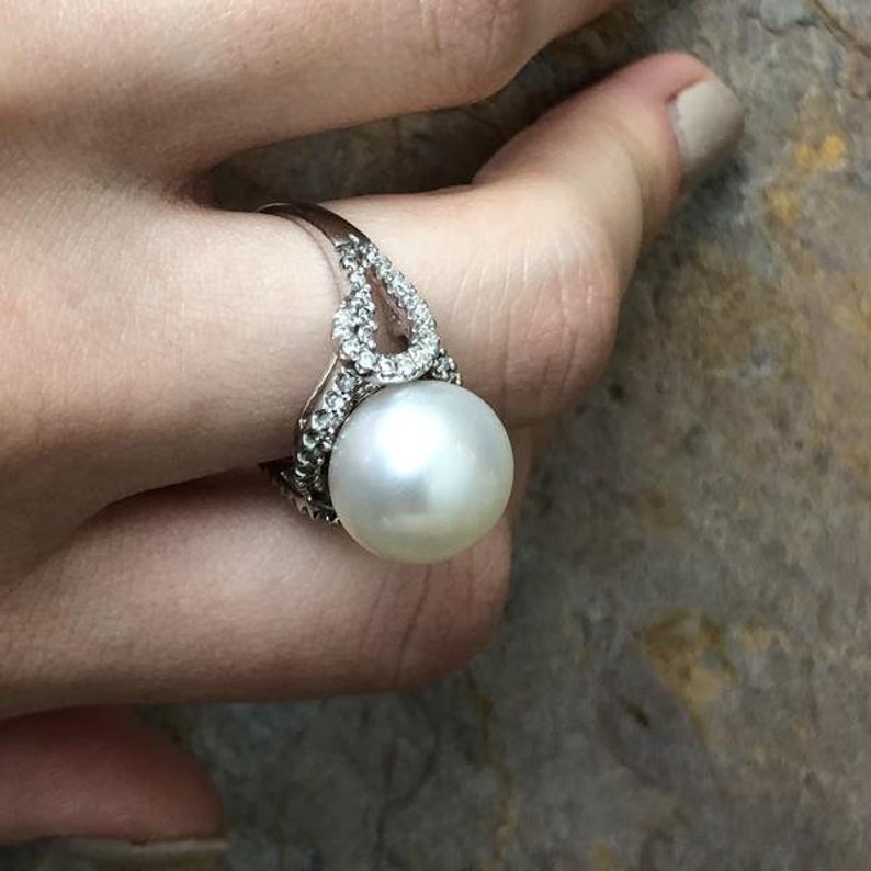 14KT White Gold Pave Diamond & Genuine Paspaley South Sea Pearl Ring image 3