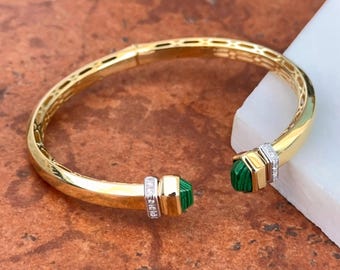 Brazalete vintage Artform de oro amarillo de 14 kt con tapas de malaquita genuina y piedras preciosas