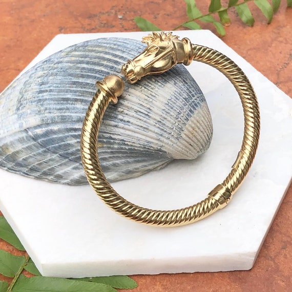 Vintage 14KT Yellow Gold Horse Head End Caps Cuff Bangle Bracelet