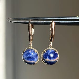 10KT Yellow Gold Genuine Blue Sodalite Lever Back Earrings Cabochon 10mm