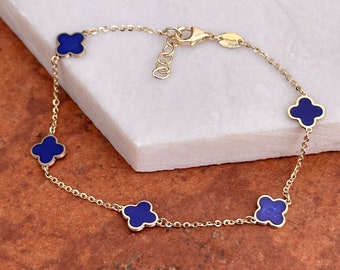 14KT Yellow Gold 7mm Blue Lapis Clover Station Chain Bracelet NEW 6.5&quot;- 7&quot; Length Layering Minimal Chain