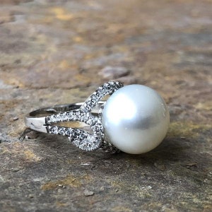 14KT White Gold Pave Diamond & Genuine Paspaley South Sea Pearl Ring image 1