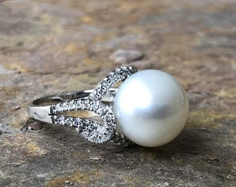 14KT White Gold Pave Diamond & Genuine Paspaley South Sea Pearl Ring