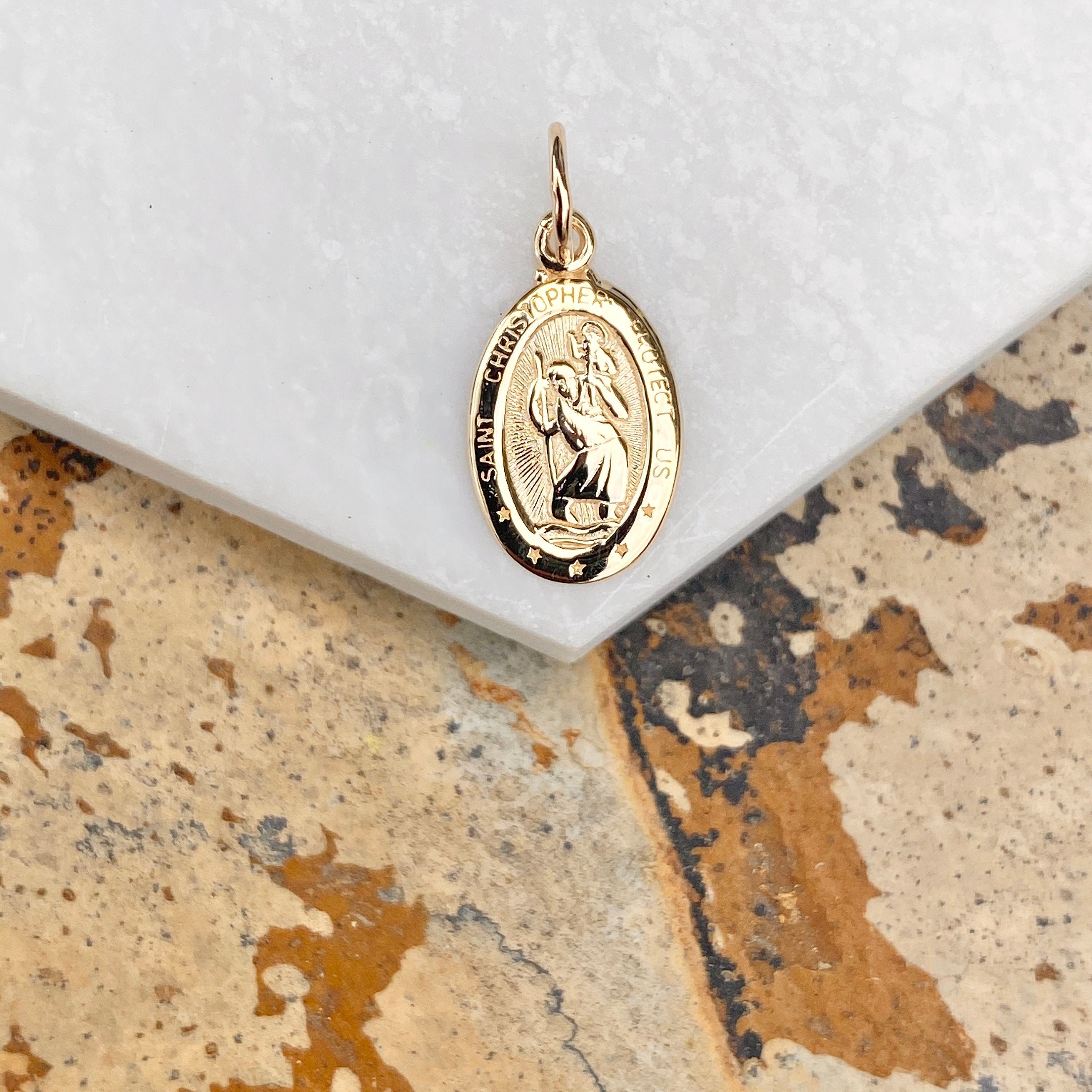 10k Yellow Gold Solid Satin Polished St Christopher Pendant 