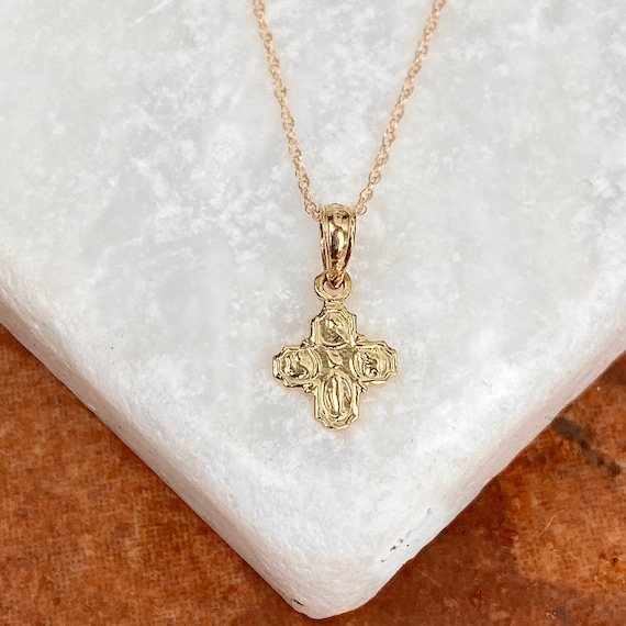 14KT Yellow Gold Four Way Catholic Cross Medal Engraved Pendant Charm Mini Size NEW