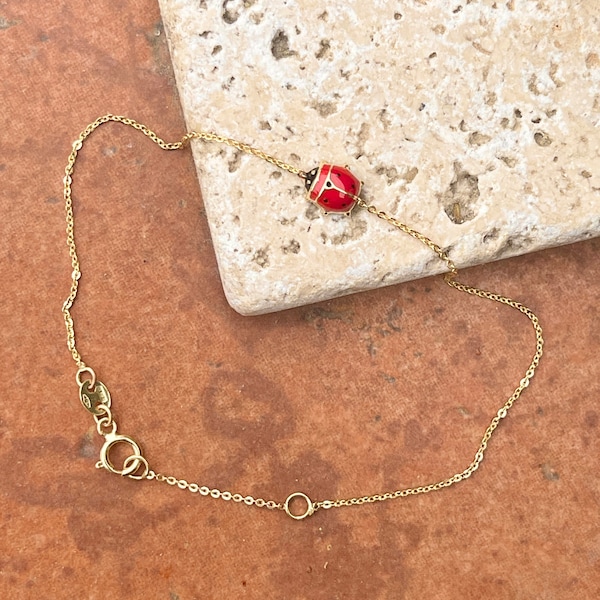 14KT Yellow Gold Red Enamel Polished Mini Ladybug Chain Bracelet NEW Small Size Good Luck 6.5" Length Adjustable