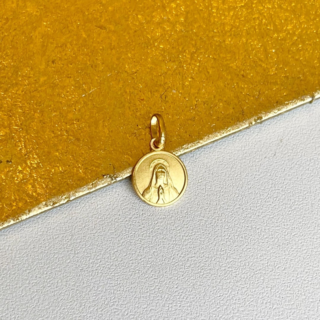 18KT Yellow Gold Mini Solid Our Lady of Lourdes Round Medal Pendant ...