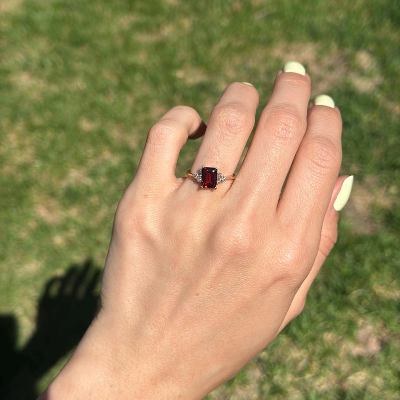 Vintage Estate 14KT Yellow Gold Emerald-cut Garnet + Diamond Ring - Etsy