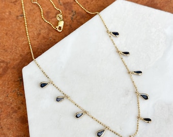 Estate Vintage 14KT Yellow Gold Teardrop Blue Sapphire Station Dangle Link Chain Necklace Adjustable 16”-18” Length