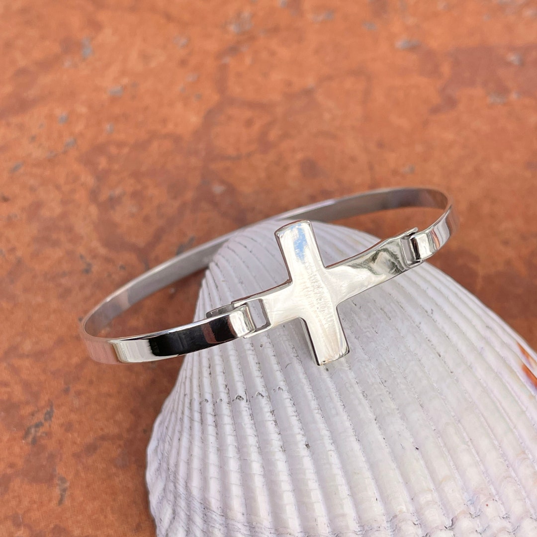 Sterling Silver Polished Sideways Cross Bangle Bracelet NEW