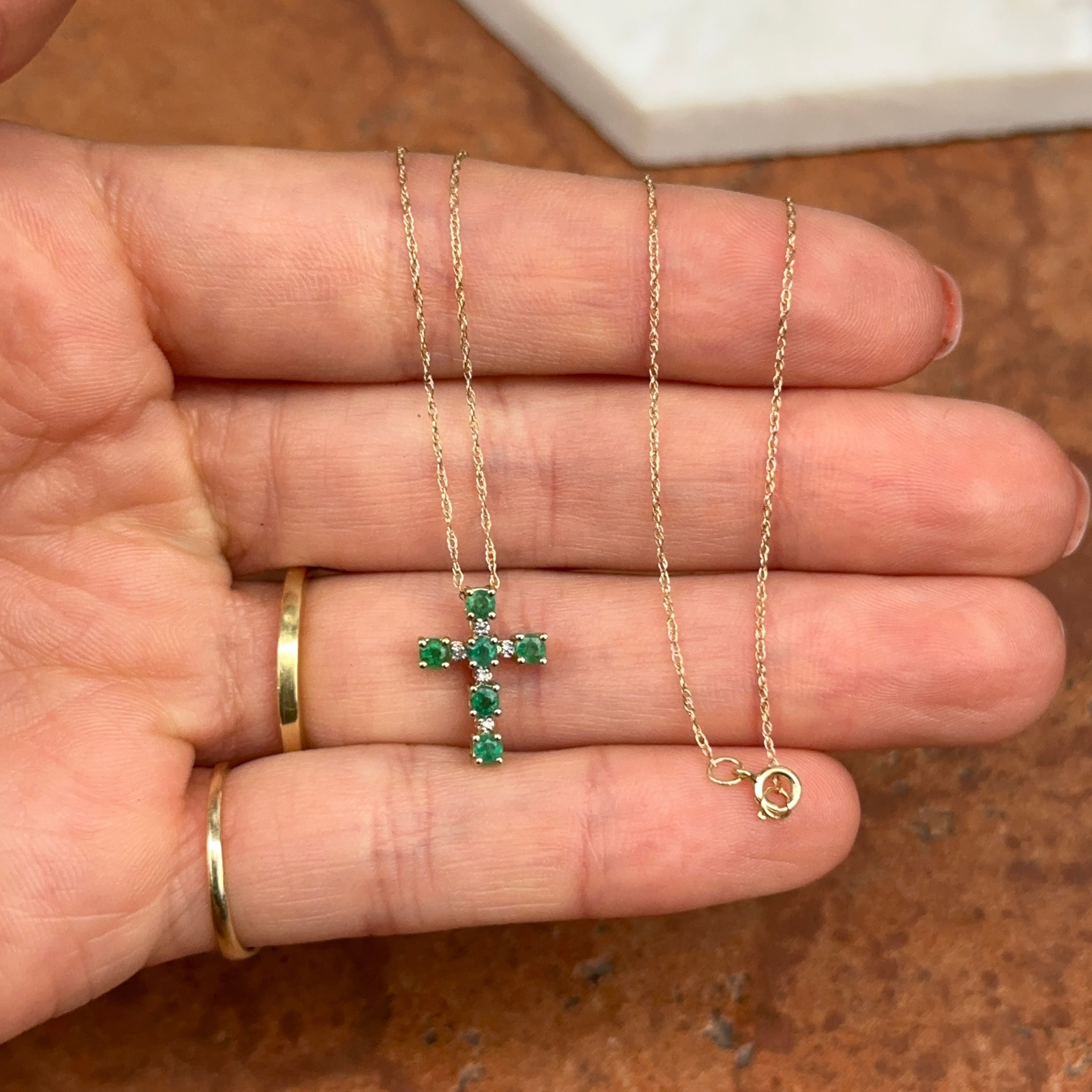 14KT イエロー ゴールド エメラルド ダイヤモンド クロス