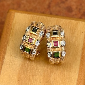 Estate Vintage 14KT Yellow Gold Bezel Set Diamond + Emerald, Sapphire, Ruby Half-Hoop Omega Back Earrings Florentine Matte Finish