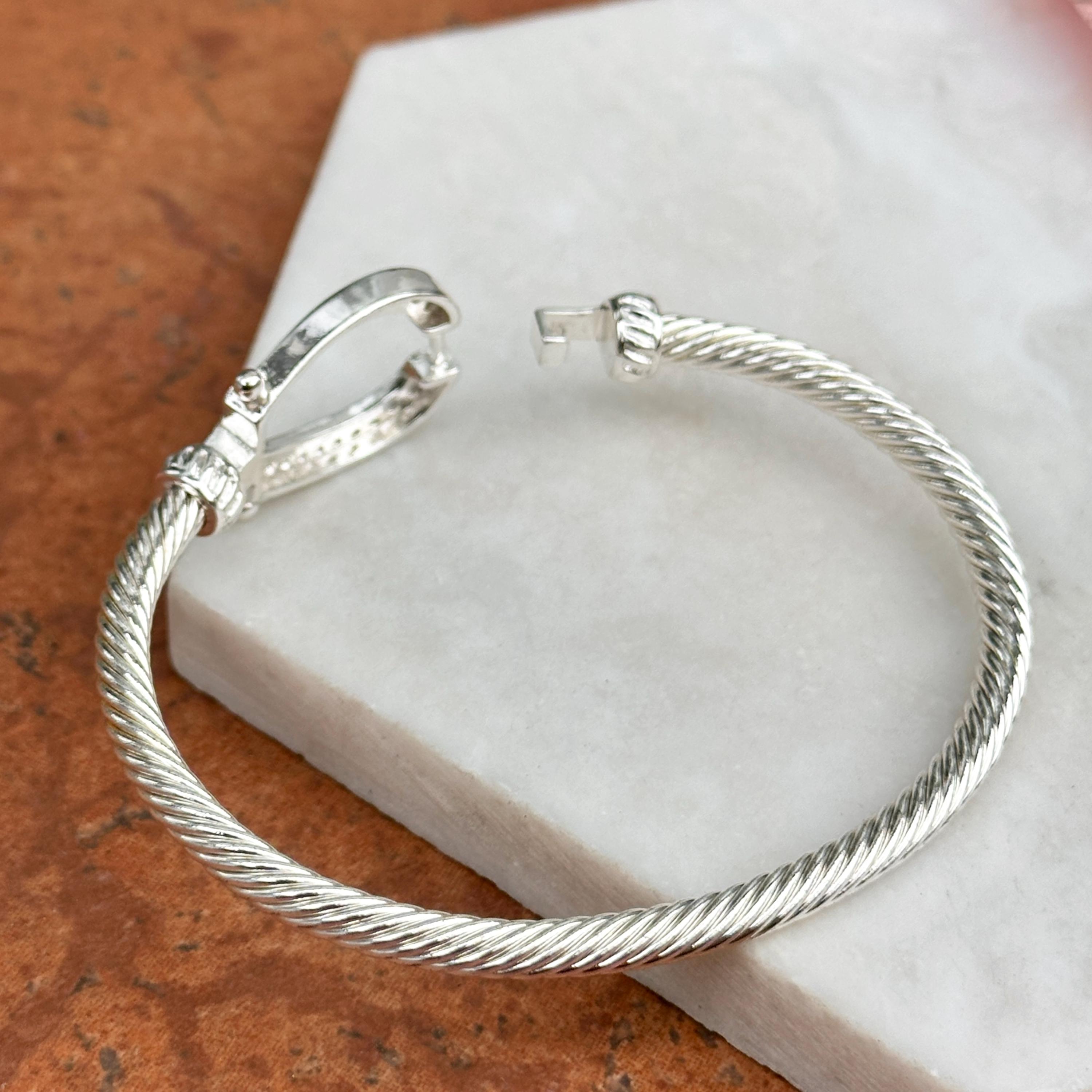 Silver Round Cubic Zirconia Horseshoe Twisted Bangle Hook Clasp