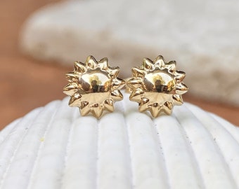 14KT Yellow Gold Mini Shiny Sunflower Post Stud Earrings NEW Minimal
