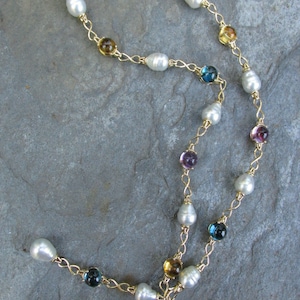 14KT Yellow Gold and South Sea Pearl & Citrine Amethyst Topaz Station Necklace Lariat