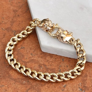 Estate Vintage 14KT Yellow Gold Double Panther Cougar Cat Head Cuff Diamond Eyes Bangle Bracelet Toggle Curb