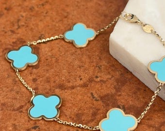 14KT Yellow Gold 14mm Turquoise Clover Station Chain