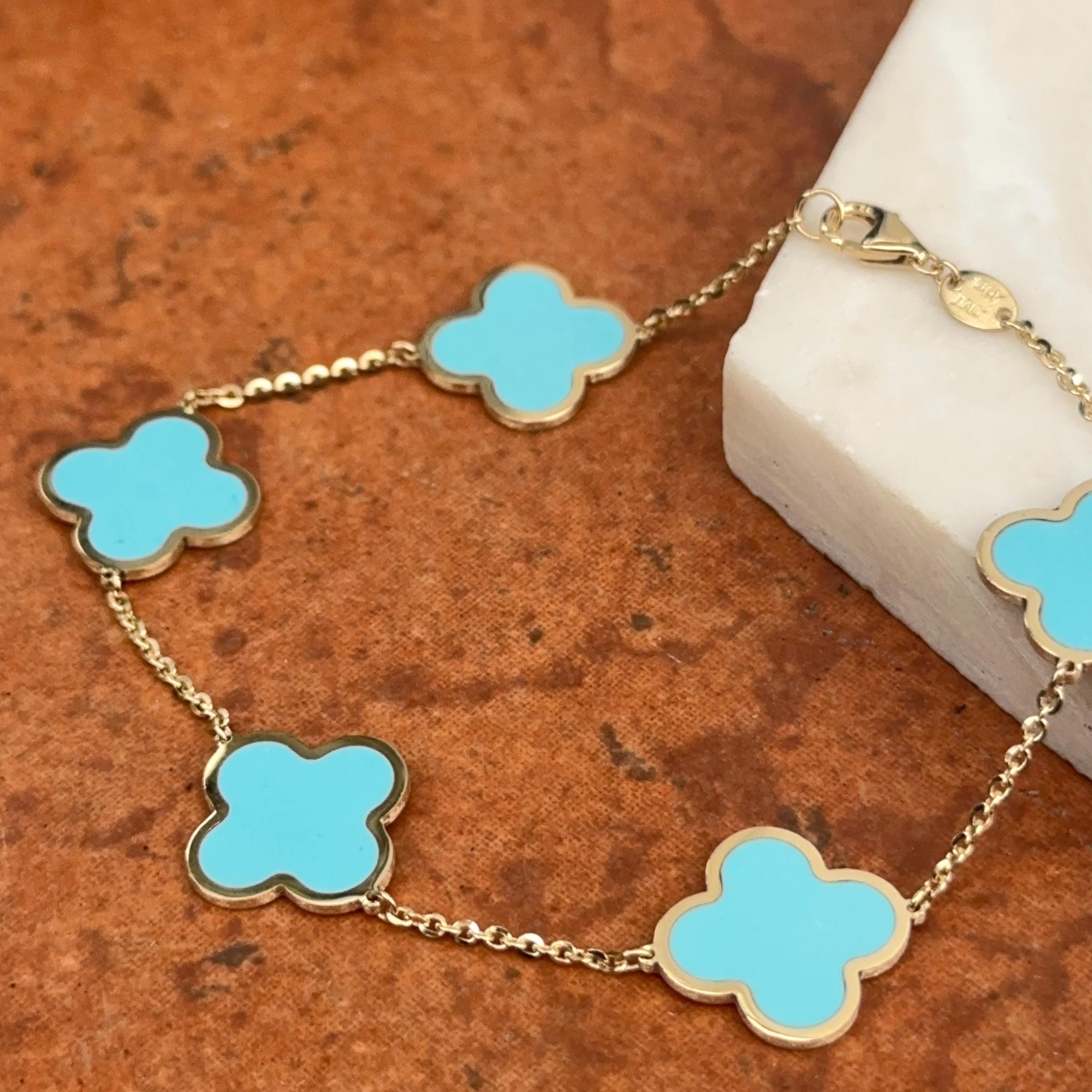 ●tow tow archive● Full Clover Bracelet Turquoise TBH22ABTB 14KT Yellow Gold 14mm Turquoise Clover Station Chain
