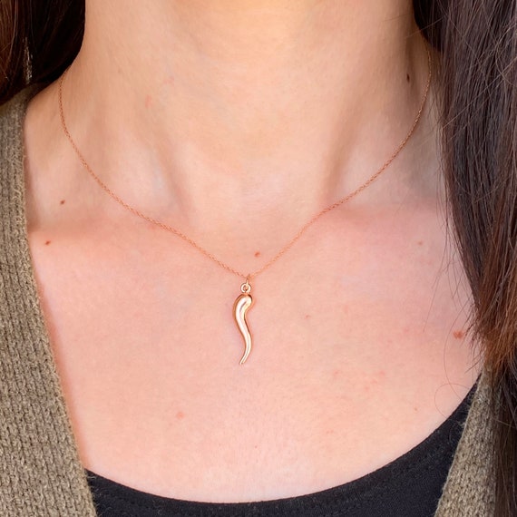 14kt Rose Gold Cornicello Corno Italian Horn Pendant Charm Small Size 25mm Good Luck