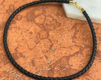 14KT Yellow Gold Braided Black Leather Cord Necklace 5mm